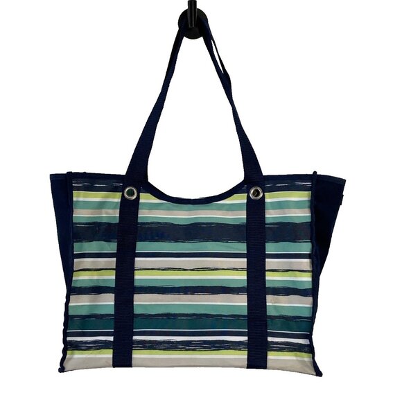 Thirty-One Deluxe Utility Tote Sea stripe Navy Blue Green White Beige Stripes - Picture 4 of 9